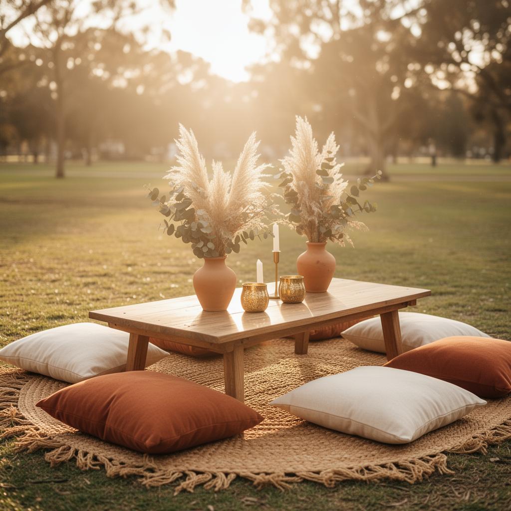Vine With Me boho picnic setup at golden hour